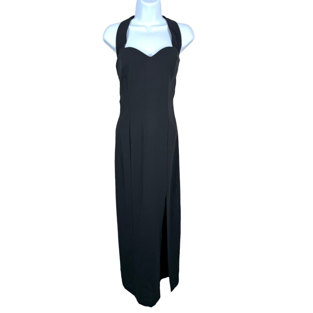 VTG Rampage‎ Halter Maxi Dress Y2K Sweetheart Neck High-Split Crepe Black Size 9
